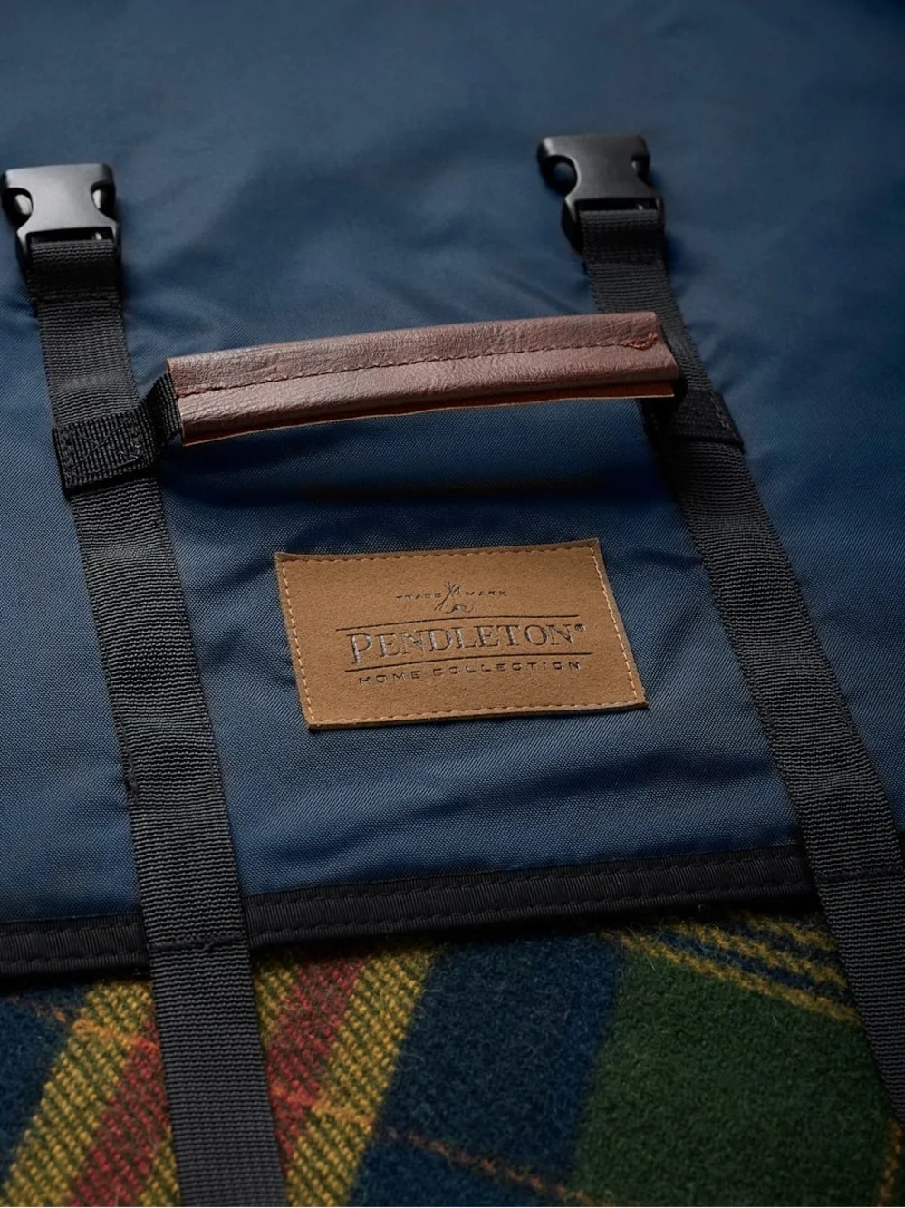 Pendleton Navy Duffel-Style Roll-Up Picnic Blanket Carrier with Plaid Trim